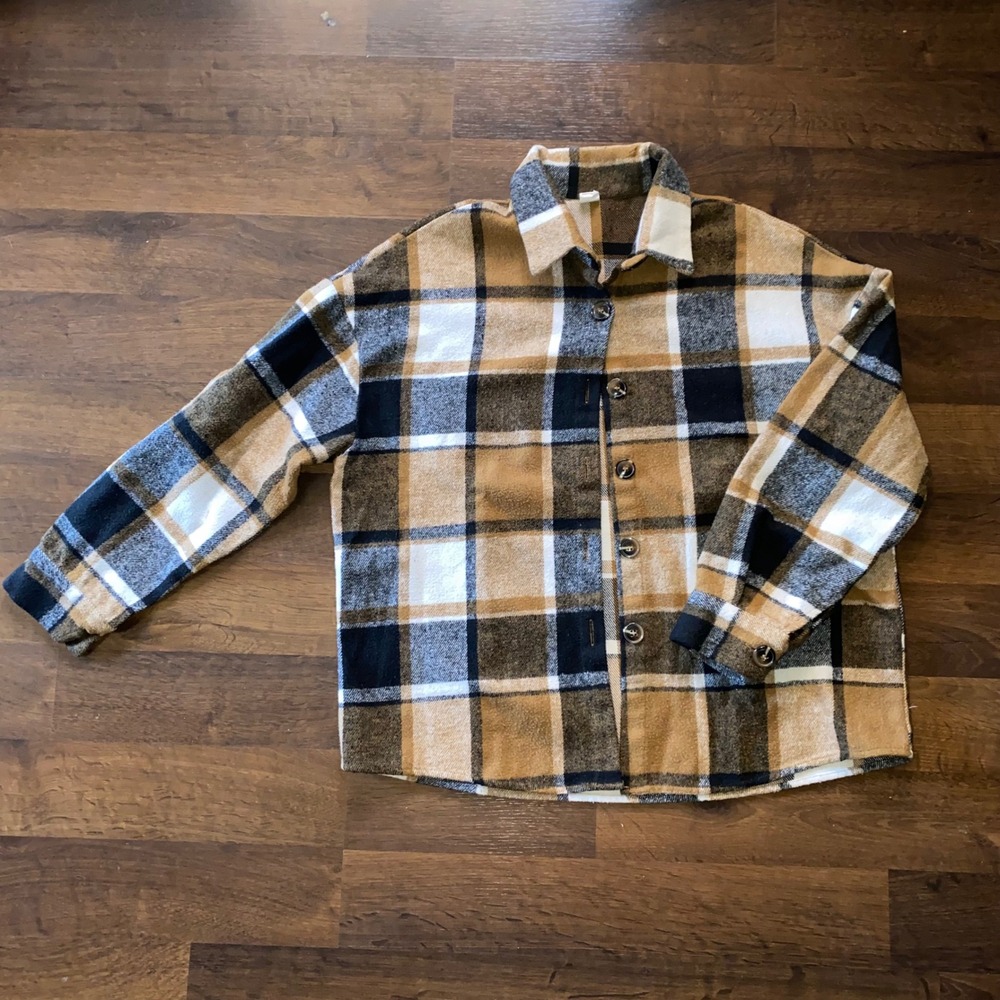 Womens Medium Plaid Shacket Jacket Shirt Button Tan Brown Black White No Brand
